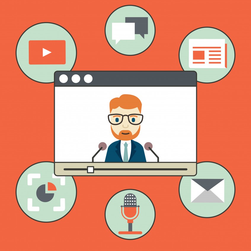 Webinar - kind of web conferencing, holding online meetings and presentations over internet - vector illustration