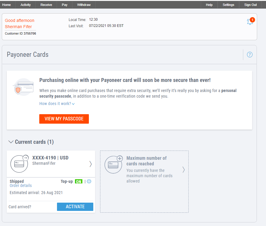 Payoneer виртуальная карта