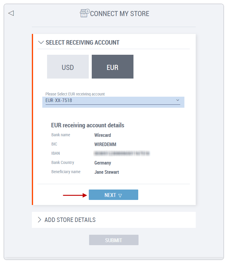 كيفية إضافة متجر أمازون إلى إدارة المتجر في بنك بايونير Select-receiving-account_next