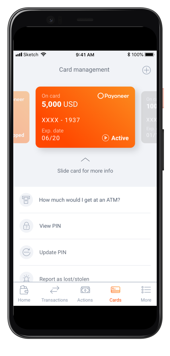 Payoneer mobile app card management