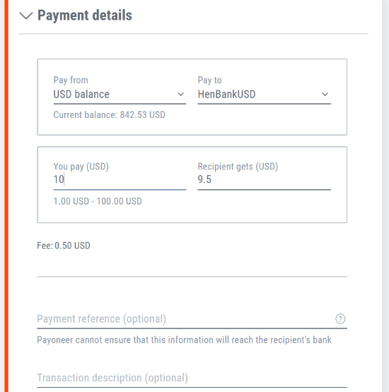 Payoneer My Account payment details screen