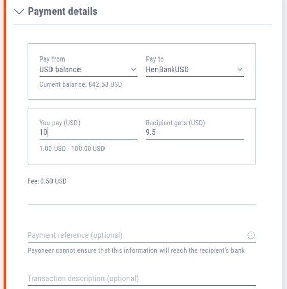 Payoneer My Account payment details screen