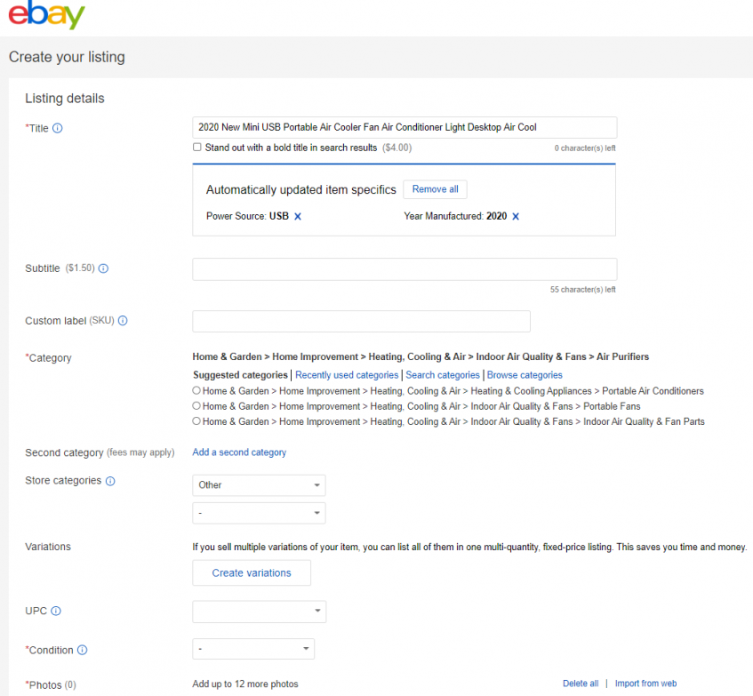 ebay product listing