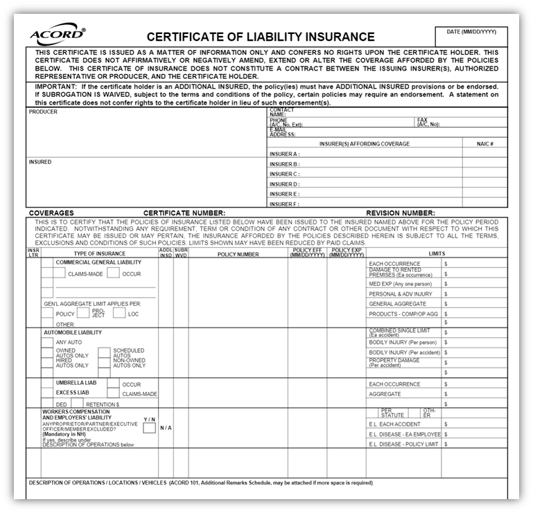 certificate of insurance