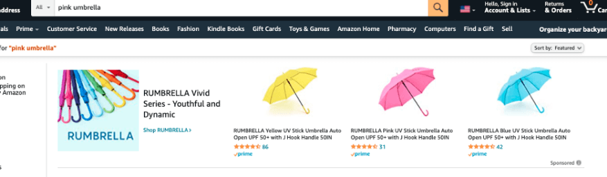 Sponsored Brands placement on Amazon.com for the search “pink umbrella”.