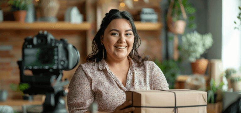 A imagem mostra uma mulher sorrindo enquanto segura uma caixa. Ao seu lado está uma câmera gravando-a.