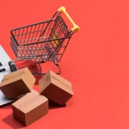 Carrito de compras y tarjeta de crédito en fondo rojo, renderizado en 3D.